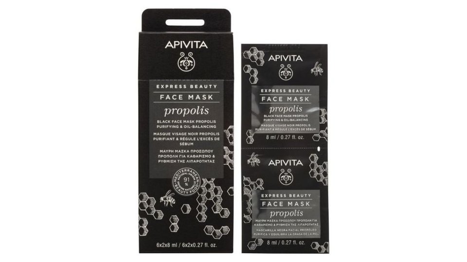 APIVITA Express Beauty Propolis — Μαύρη μάσκα προσώπου με πρόπολη, σε δύο φακελίσκους των 8 ml.